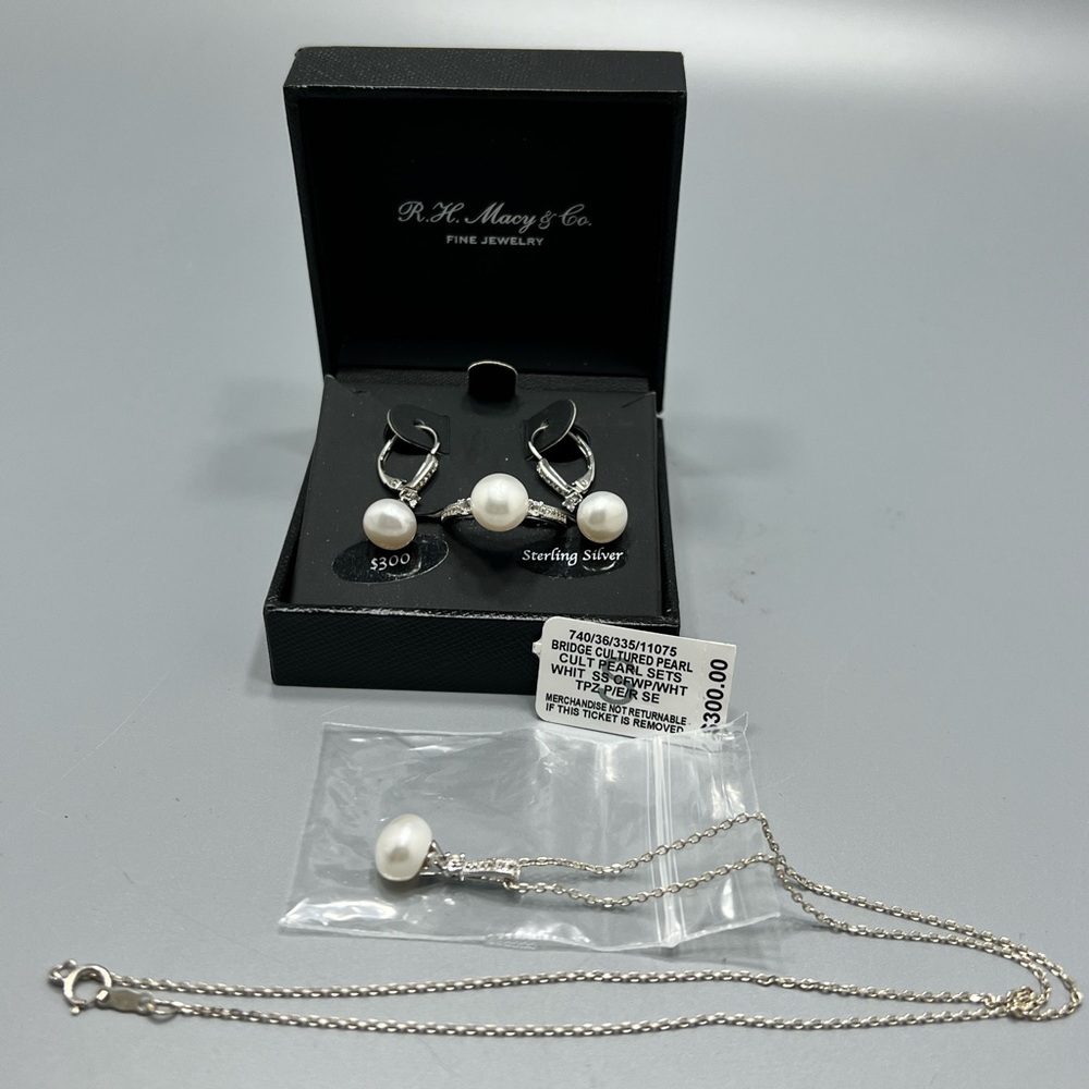 Maceys Sterling Silver Cultured Pearl & White Sapphire Set